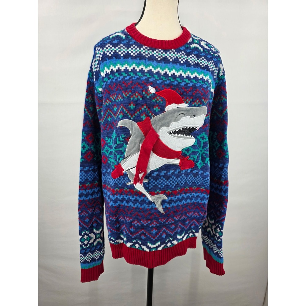 Blizzard Bay Christmas Shark Fair Isle Sweater Blue Red Mens Large